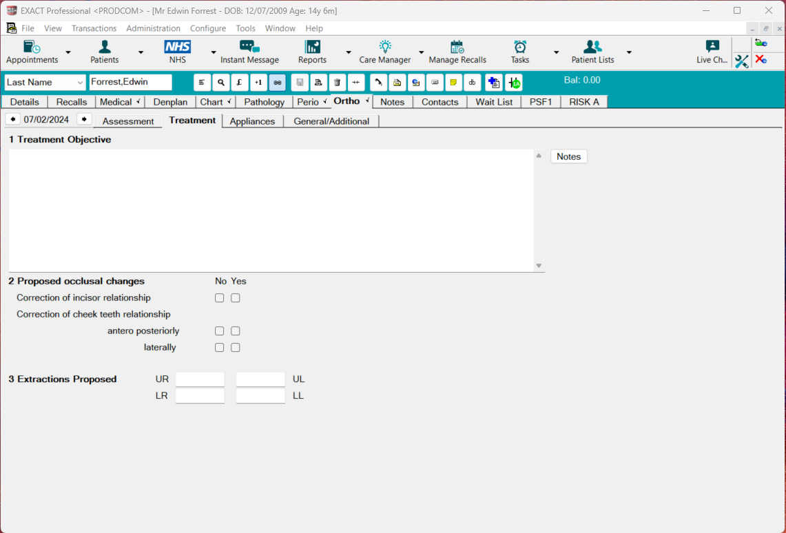 Image of the treatment tab within the Orthodontic tab in EXACT